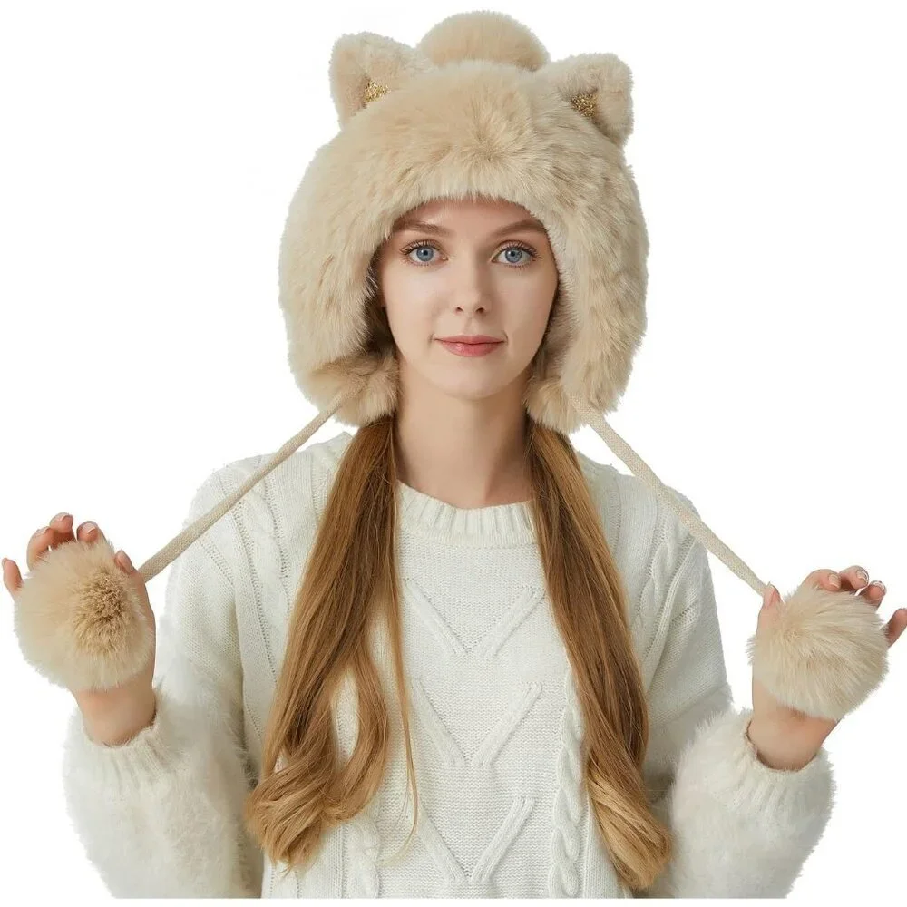 Women Beige Solid Winter Peruvian Cover Ears Beanie Hat Ear Flaps Sherp Ski Snow - Picture 2 of 7
